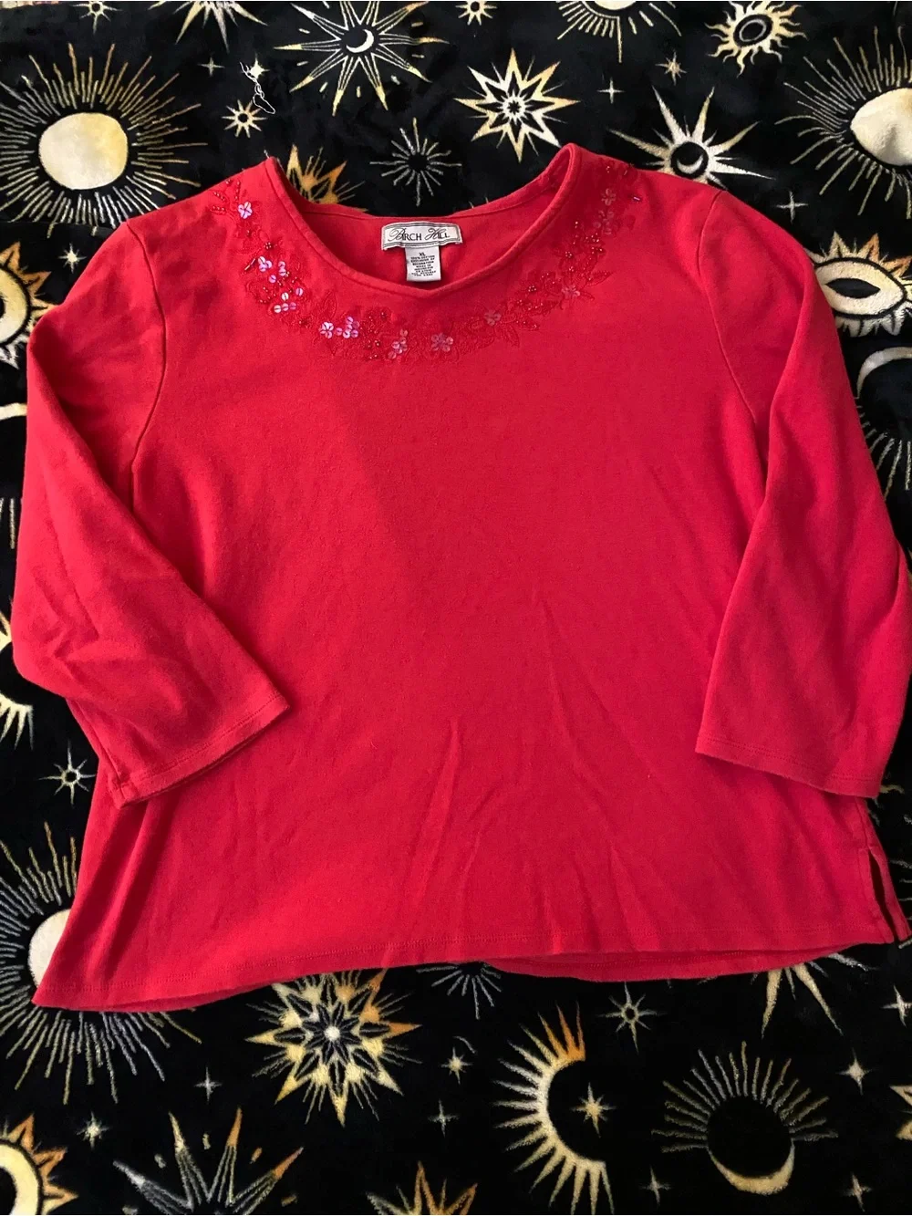 Birch Hill Red Scoop Neck Top with Sequin Floral Trim - Picture 3 of 4